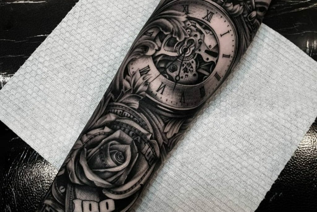 Money-Rose-Arm-Sleeve-Tattoo-Design-With-A-Time-Piece-1-1024x1024